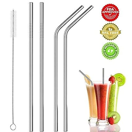 Stainless Steel Straw for Kids and Adults Reusable Metal Straw Set with Cleaning Brush Long Steel Straws for Drinking Juice & Drinks Reusable Straw Pipe - (2-Straight, 2-Bend, 1-Brush)